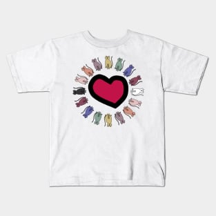 Circle of Balanced Rainbow Cats Around Valentine Heart Kids T-Shirt